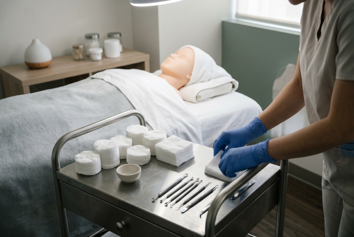 Close up view of an esthetician wearing blue gloves arranging supplies on a stainless steel cart in a spa, with a treatment bed and mannequin in the background.