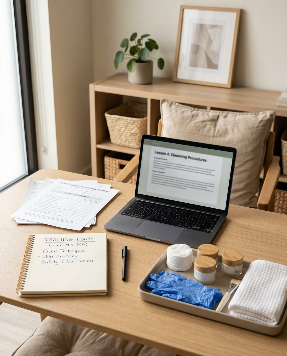 A wooden desk in a beauty school holds a notebook with handwritten study notes, licensing paperwork, and a professional skincare practice tray.