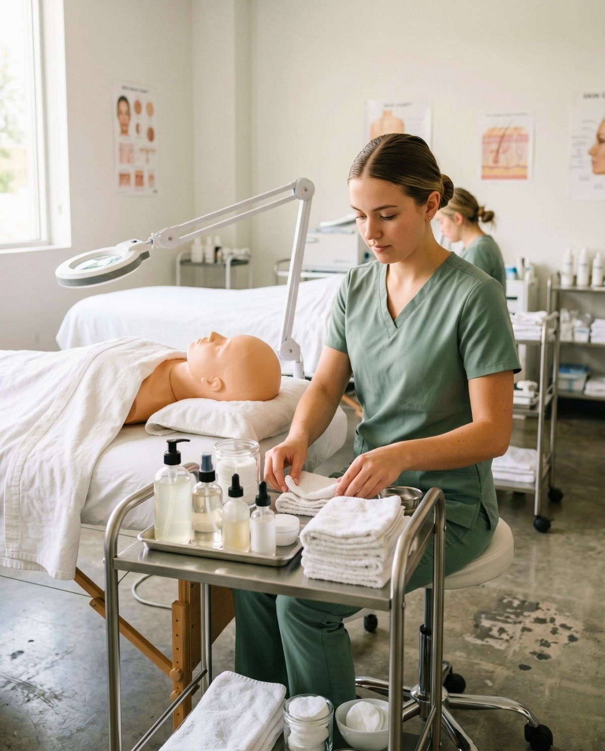 A student esthetician in a sage green uniform organizes white towels and skincare bottles on a rolling metal cart next to a treatment bed with a mannequin.