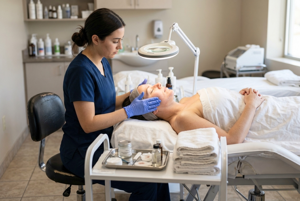 A focused student wearing blue gloves performs a facial treatment on a client under a bright magnifying lamp in a clinical setting.
