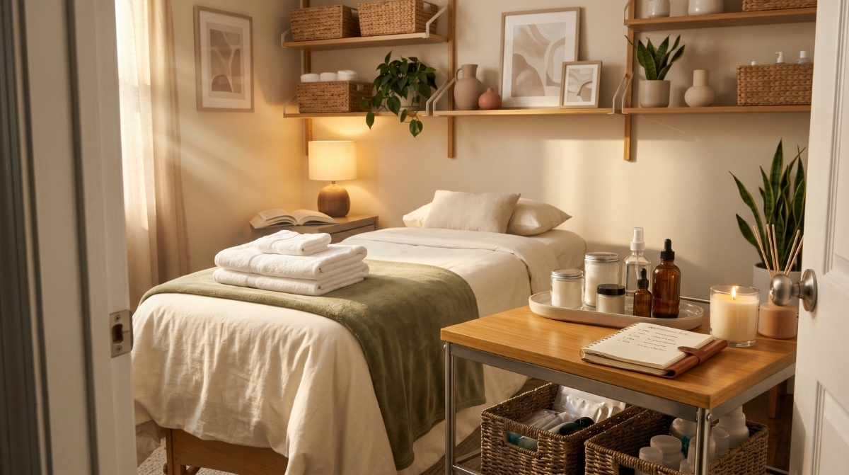 A warm skincare treatment room featuring a facial bed with folded towels and an open appointment notebook on a wooden cart under soft afternoon light.