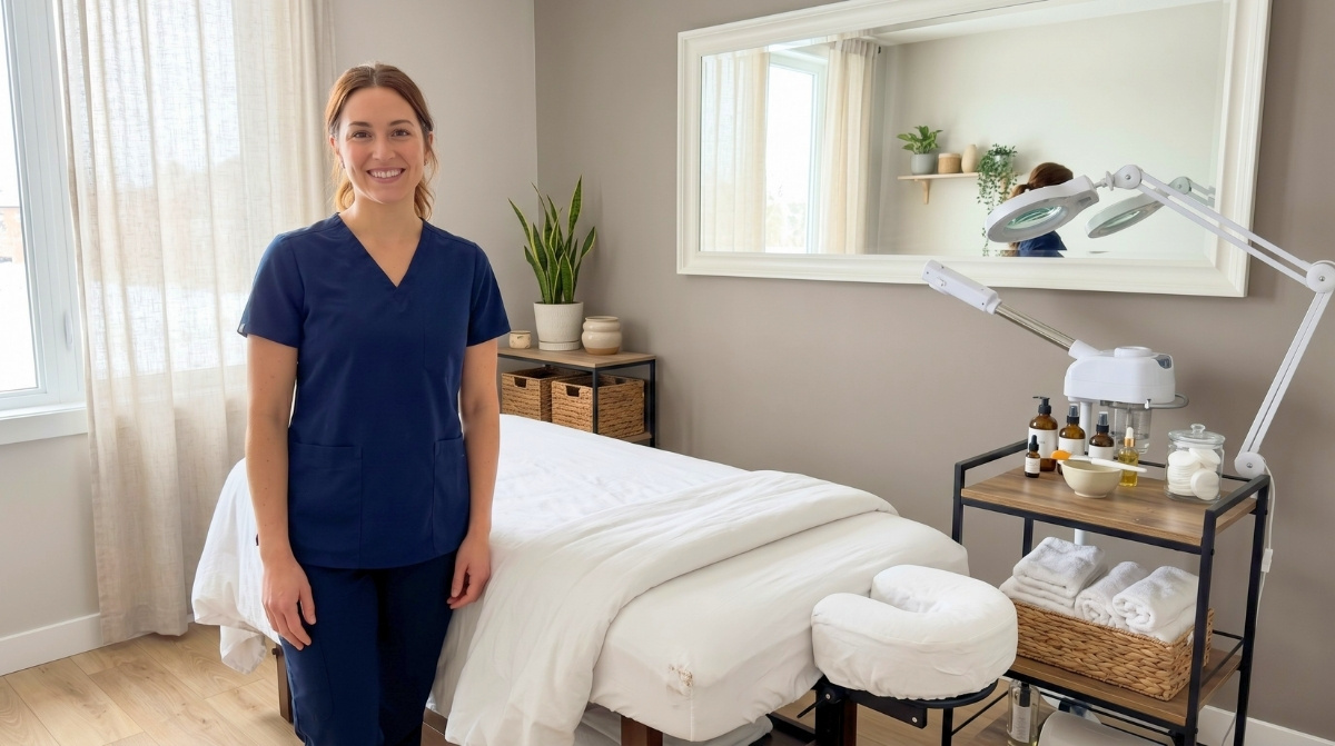 Confident esthetician standing beside a prepared treatment bed in a clean modern skincare treatment room with a rolling cart, folded towels, facial steamer, mirror, woven baskets, and soft natural daylight.