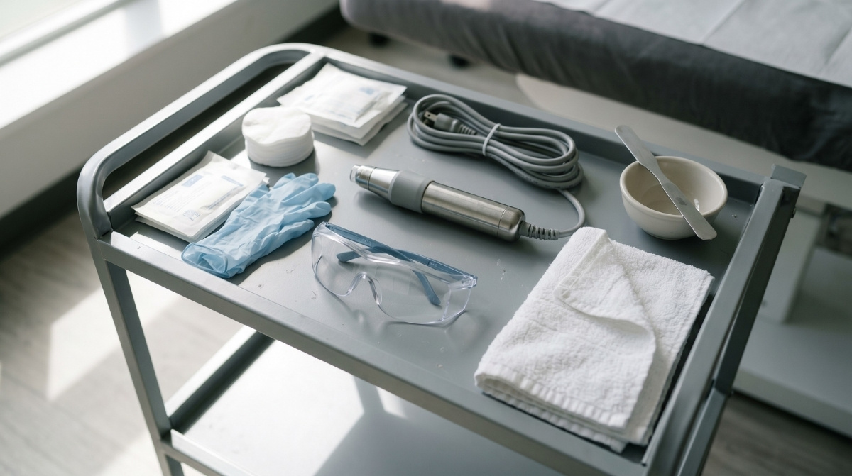 A gray rolling cart featuring a handheld skin treatment device, protective eyewear, blue medical gloves, cotton pads, and sterile supplies in a clinic.
