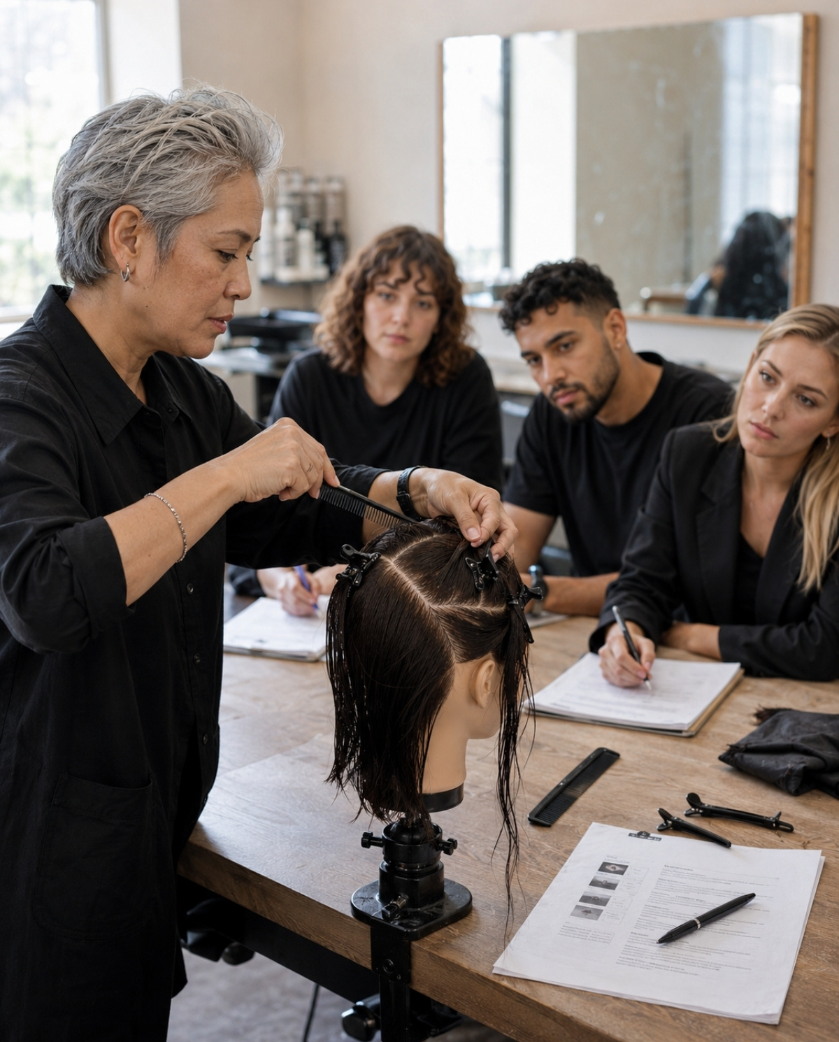 Beauty instructor using a comb to demonstrate precise hair sectioning on a mannequin head while cosmetology students observe closely.