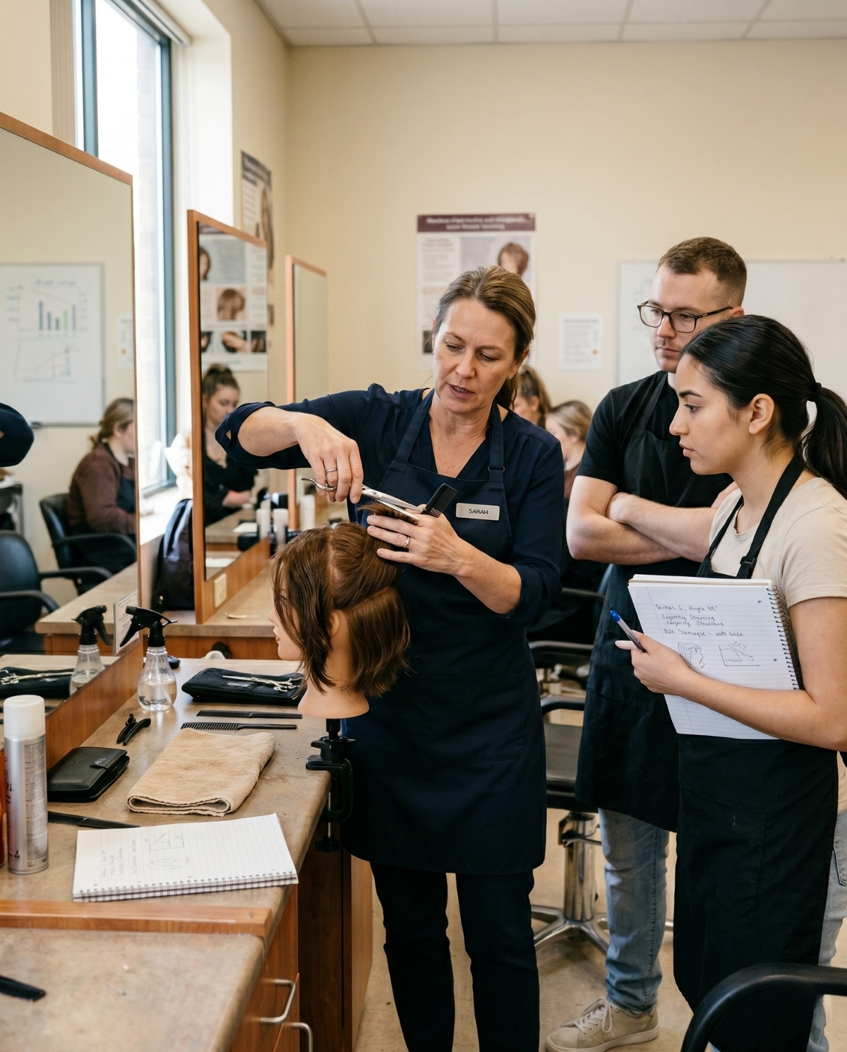 A female beauty school instructor in a black apron demonstrates a haircutting technique on a mannequin head while two adult students observe and take notes in a training classroom.