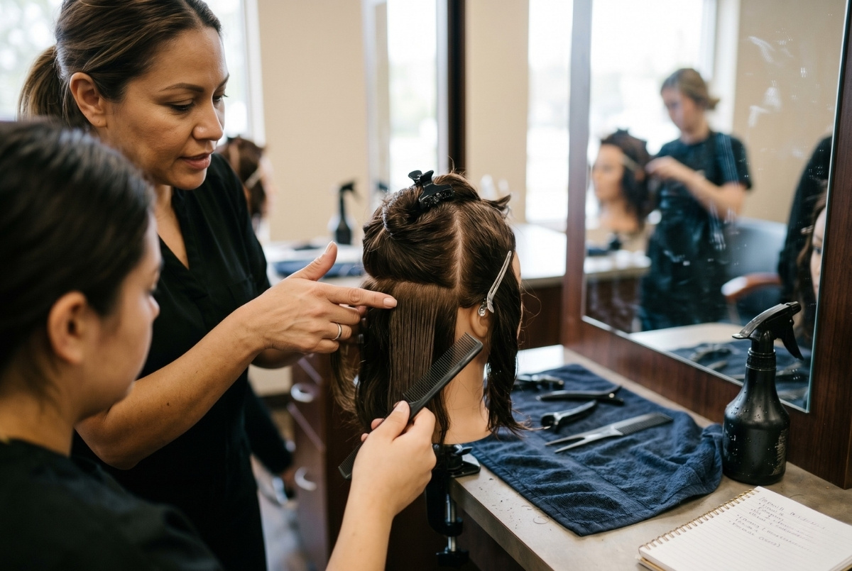 A close-up, over-the-shoulder view of a beauty instructor pointing to a sectioned mannequin head while guiding a student at a classroom workstation.