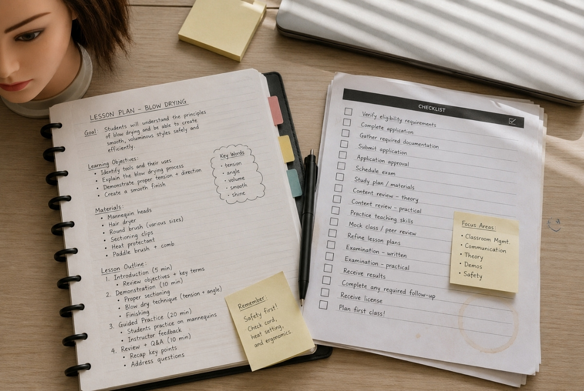 Cosmetology instructor study materials with lesson notes, checklist, sticky tabs, and mannequin head on a desk.
