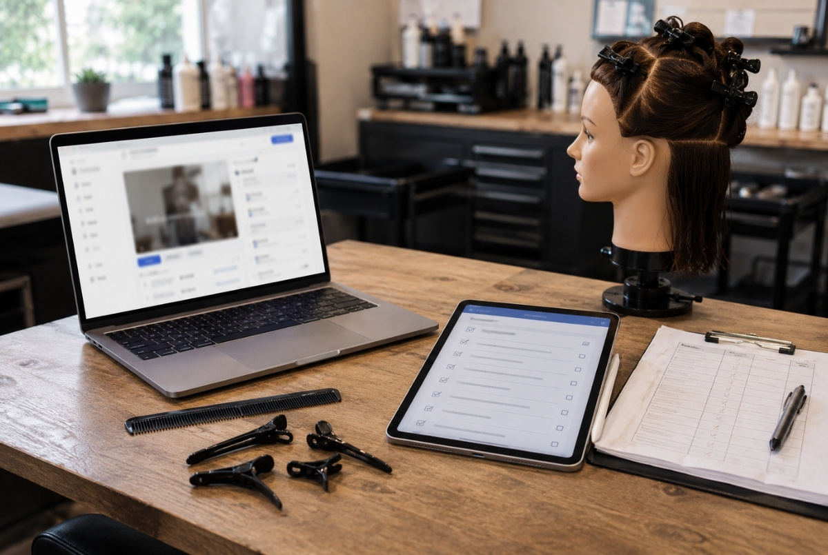 Laptop, tablet checklist, mannequin head, combs, and sectioning clips arranged on a cosmetology classroom desk for digital beauty instructor training.