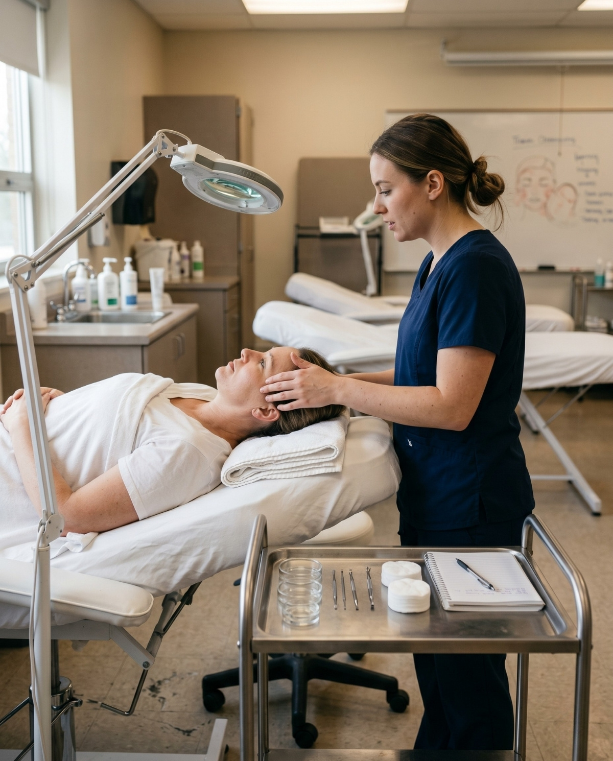 A realistic photograph of an esthetics training classroom. A beauty student in a navy uniform performs a facial massage on a client lying on a white bed. A magnifying lamp is above. A metal cart in the foreground holds skincare tools, bowls, cotton pads, a notebook, and a pen. Multiple facial beds, a whiteboard with anatomical diagrams, and generic skincare bottles are visible in the background. Natural light from a window illuminates the scene.