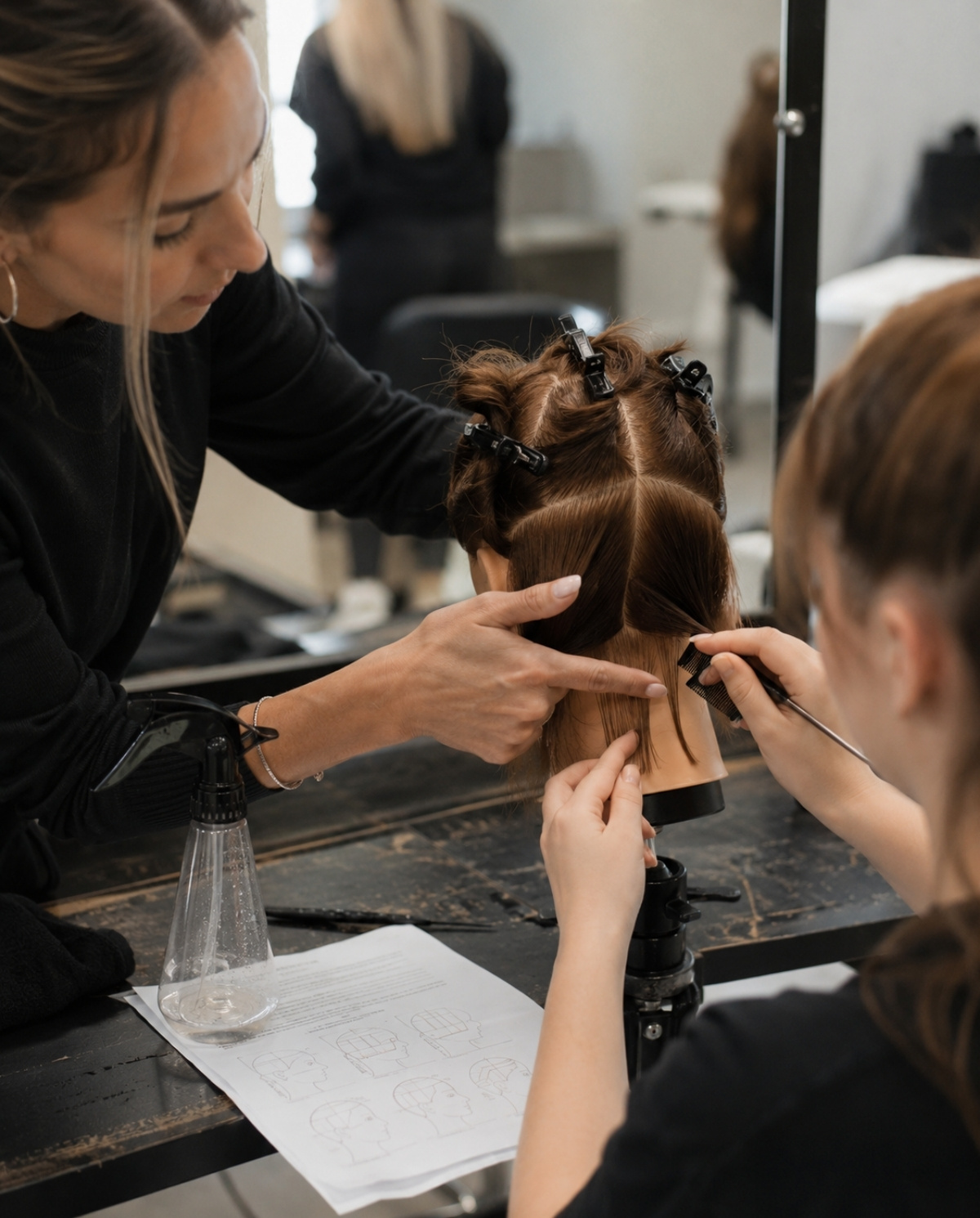 Beauty instructor guiding a student through hair sectioning practice on a mannequin head.