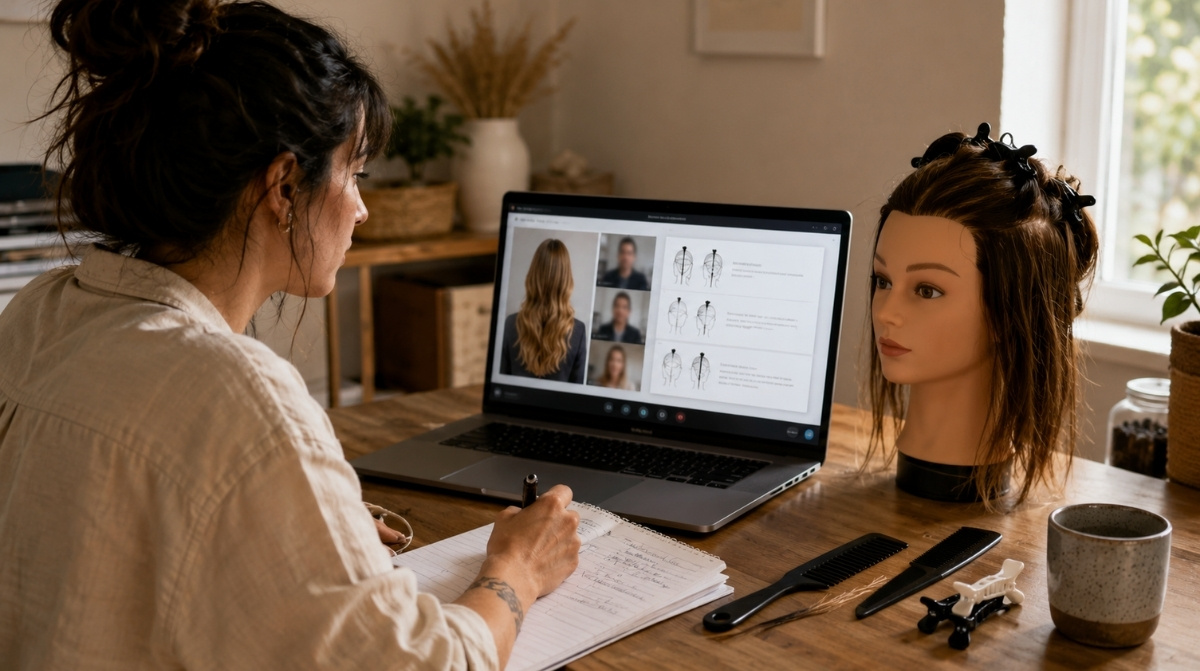 Beauty professional studying an online instructor course with a laptop, notebook, combs, and mannequin head.