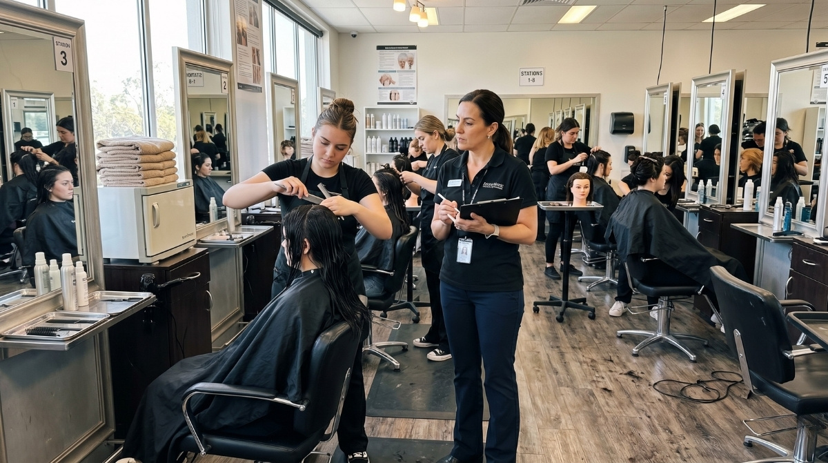 A female instructor observes a student cutting hair in a bright, professional beauty school clinic filled with salon chairs and mirrors.