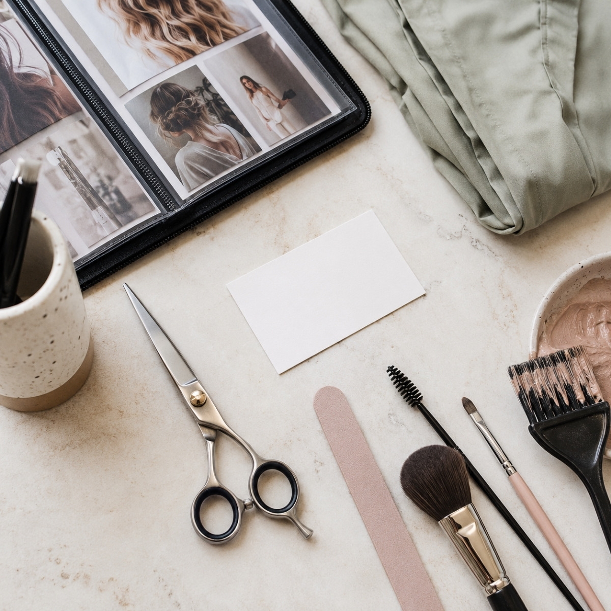 Beauty career tools including shears, nail file, makeup brush, brow spoolie, color brush, portfolio sleeve, folded cape, and blank business card arranged on a clean salon counter.