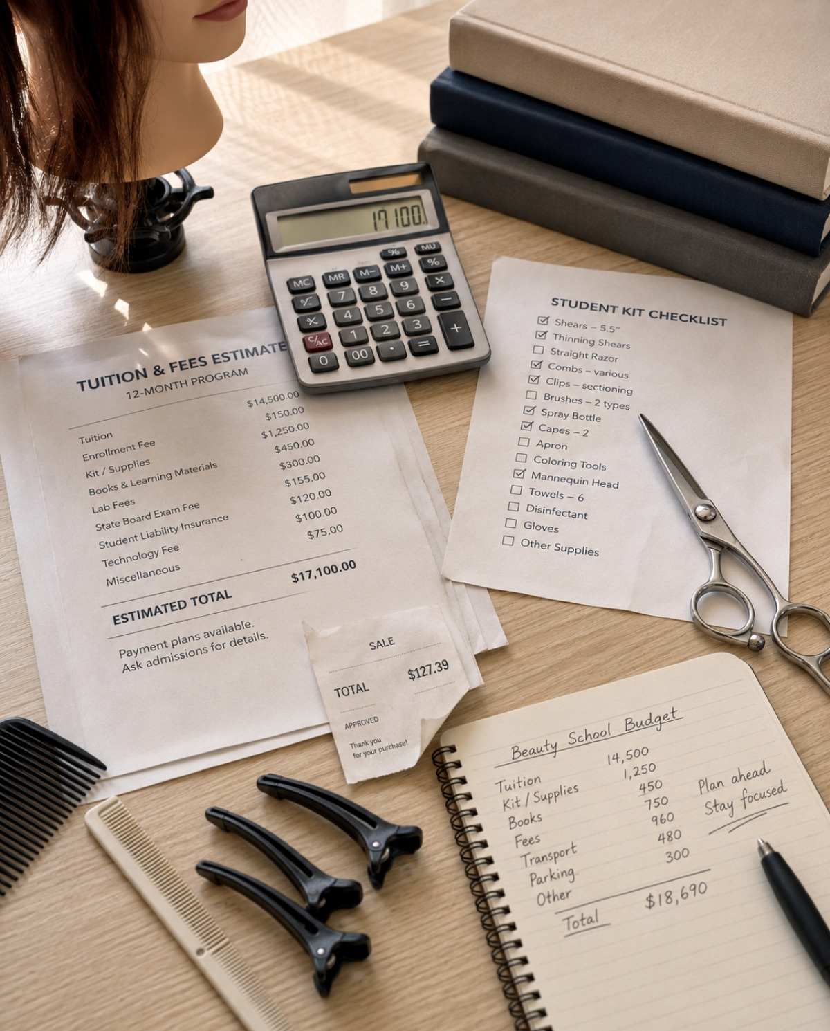 A close up desk scene shows a beauty school tuition estimate, student kit checklist, calculator, notebook budget, shears, combs, hair clips, textbooks, and a mannequin head.