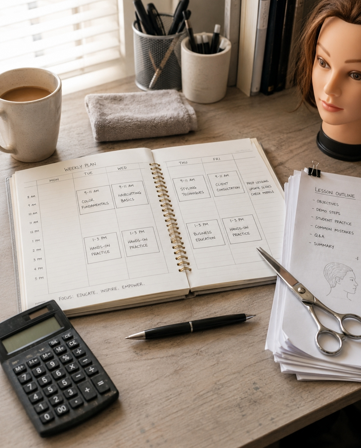 Cosmetology instructor workspace with weekly teaching planner, calculator, lesson outline, shears, coffee mug, folded towel, and mannequin head.