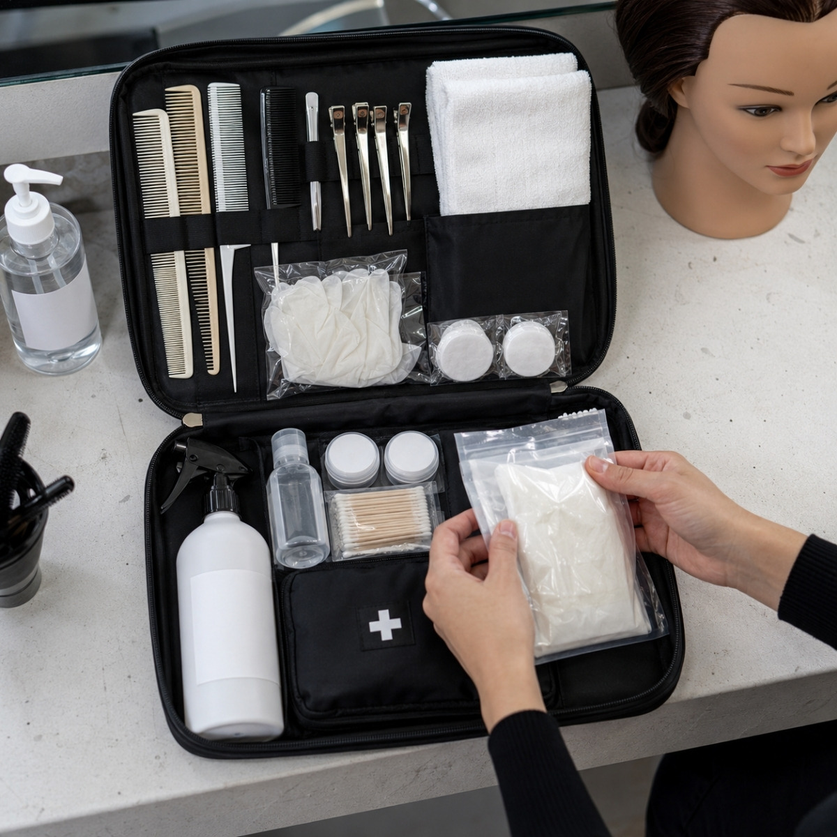 Open cosmetology practical kit with combs, clips, gloves, towels, sanitizer, sealed containers, and a mannequin head being checked before an exam.