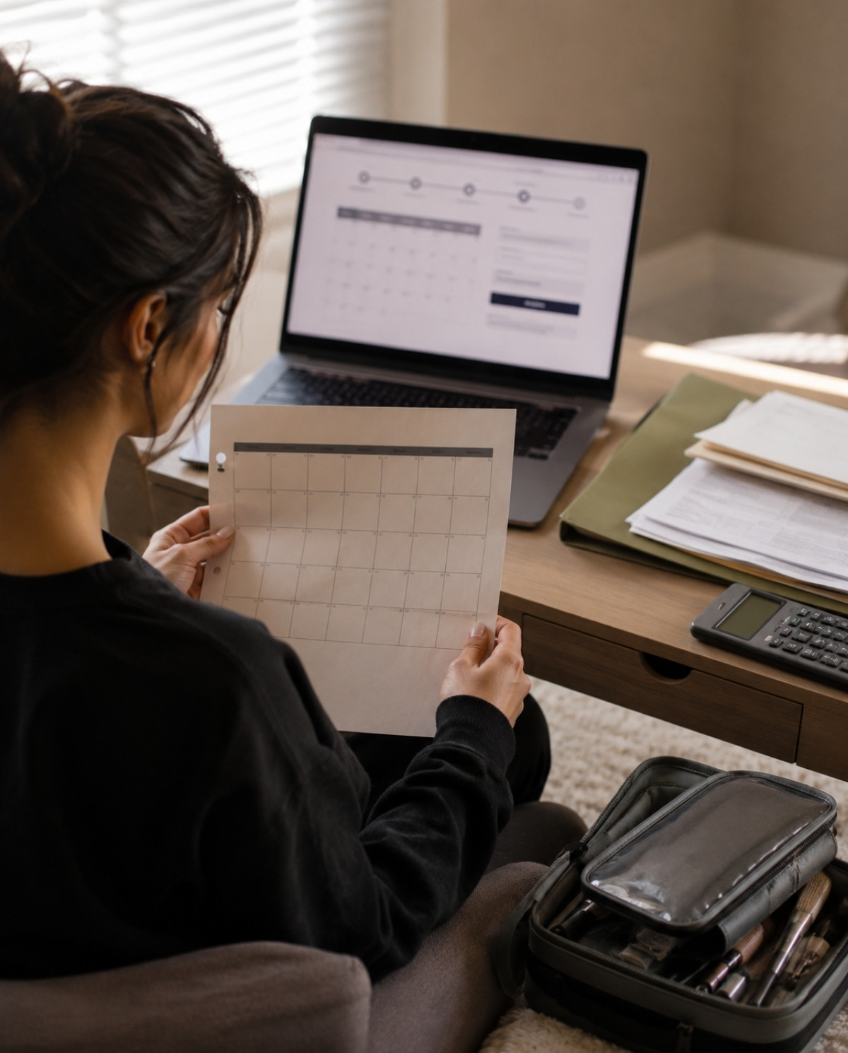 Cosmetology student reviews a blank exam calendar and blurred scheduling laptop while a folder, calculator, paperwork, and practical kit sit nearby.