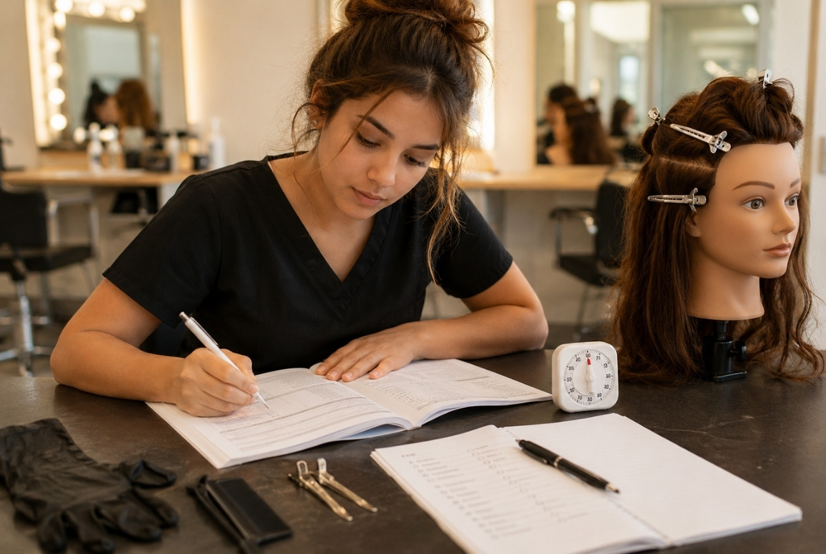 A cosmetology student studies practice materials beside a mannequin head, timer, combs, clips, and gloves in a salon classroom.