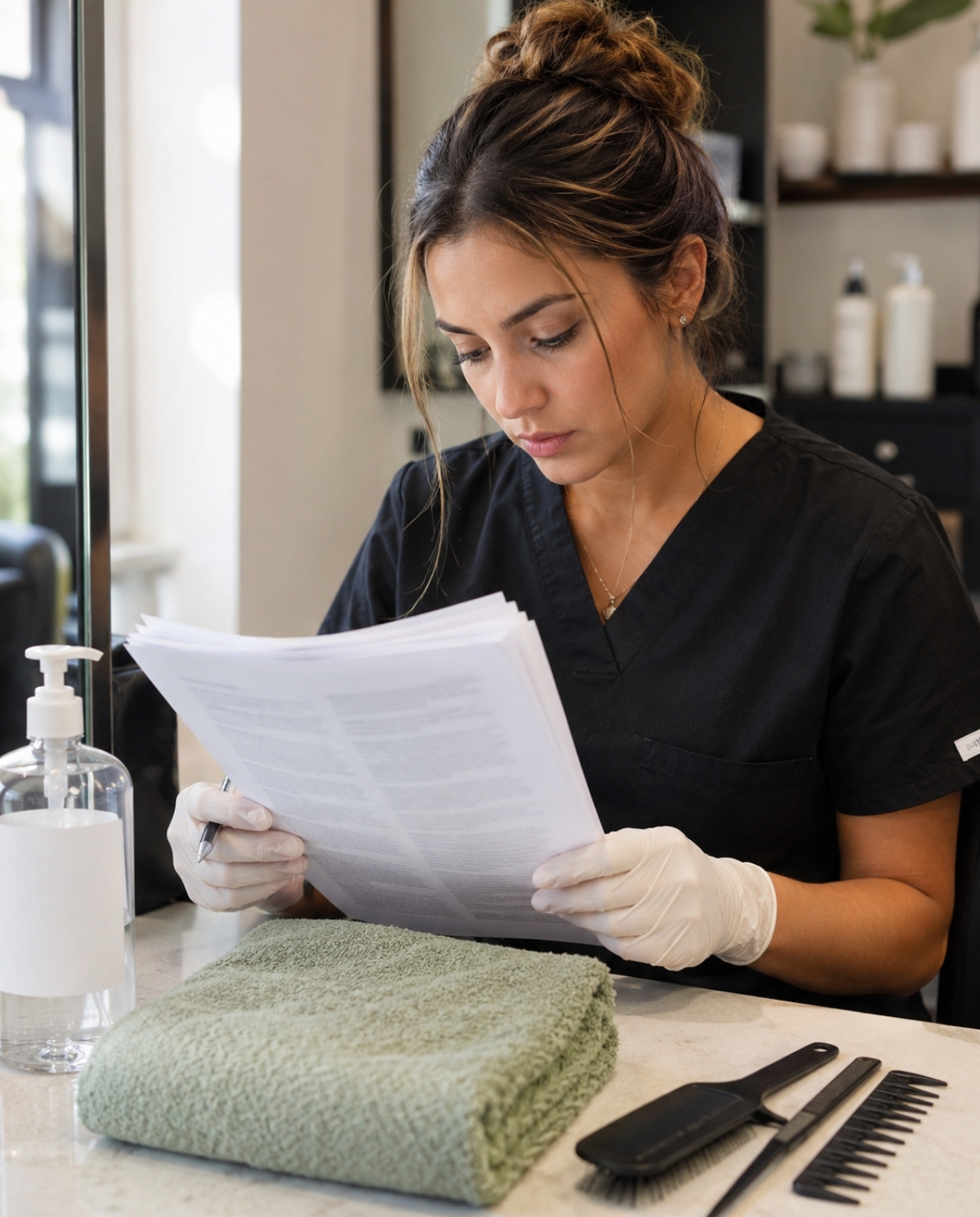 A beauty graduate in gloves studies blurred regulation papers beside a sanitizer bottle, folded towel, combs, and salon tools at a clean workstation.