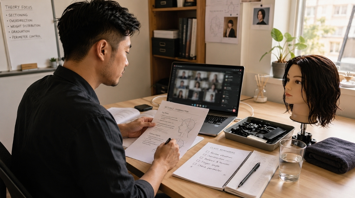 Beauty instructor preparing an online theory lesson with laptop, mannequin head, haircutting notes, combs, clips, and class reminder notebook.