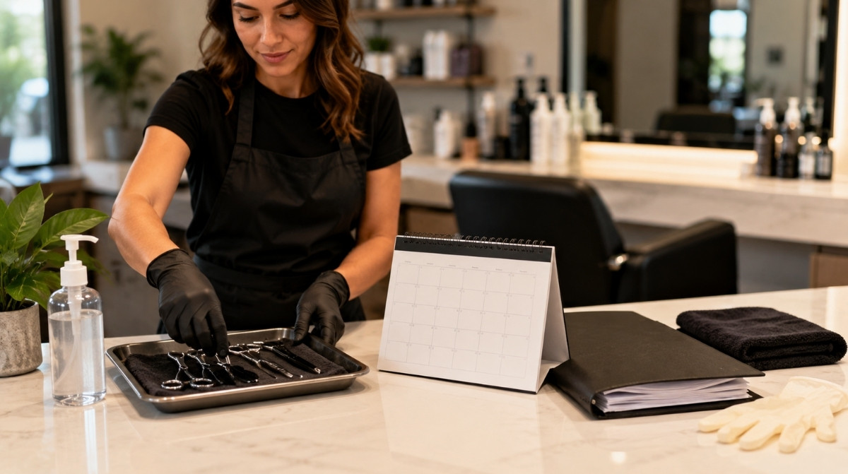 A licensed stylist arranges disinfected salon tools near a blank renewal calendar, continuing education folder, gloves, and sanitizer at a clean workstation.