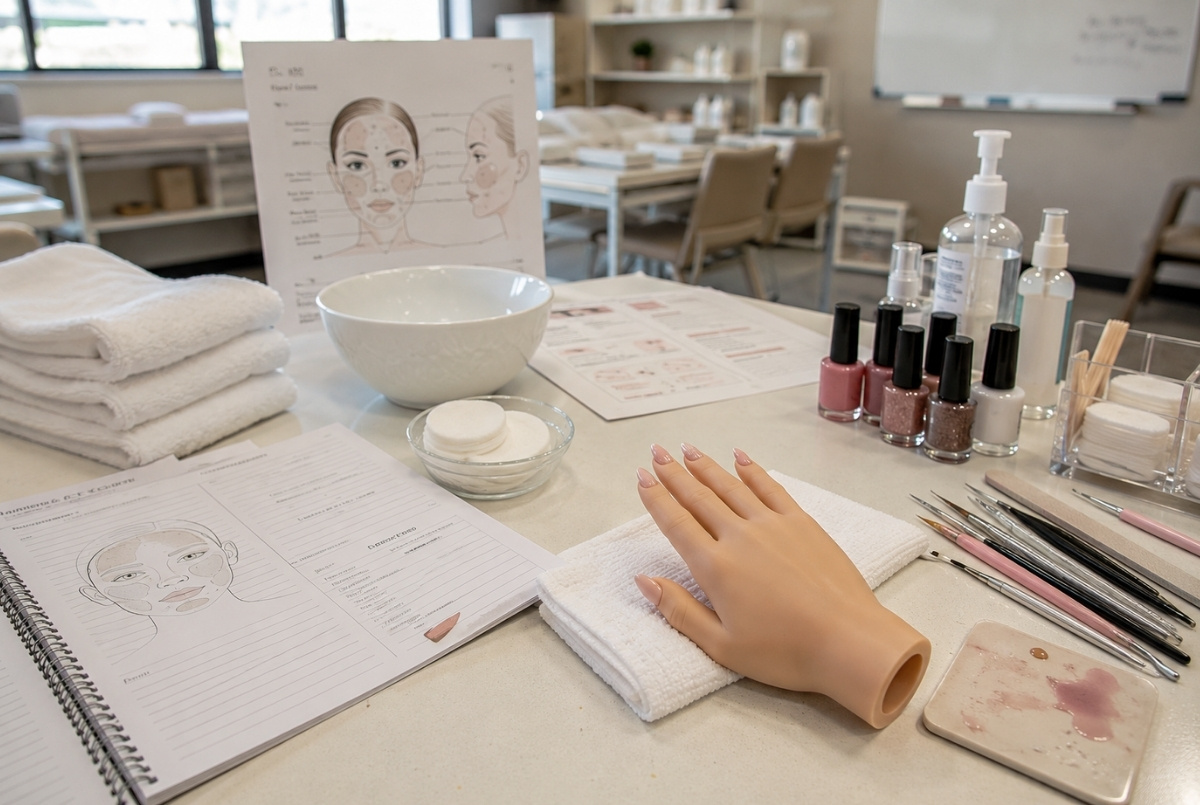 Beauty school table with skincare diagrams, facial towels, cotton pads, nail practice hand, polish bottles, brushes, and sanitation supplies.