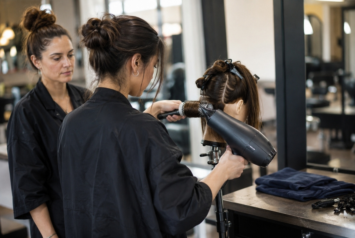 New stylist carefully practicing a blowout on a mannequin head while a mentor observes in a bright salon training setting with styling tools nearby.
