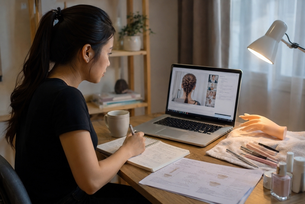 Beauty professional studying online instructor training at home with a laptop, notebook, mannequin hand practice model, printed notes, nail tools, desk lamp, and coffee mug.