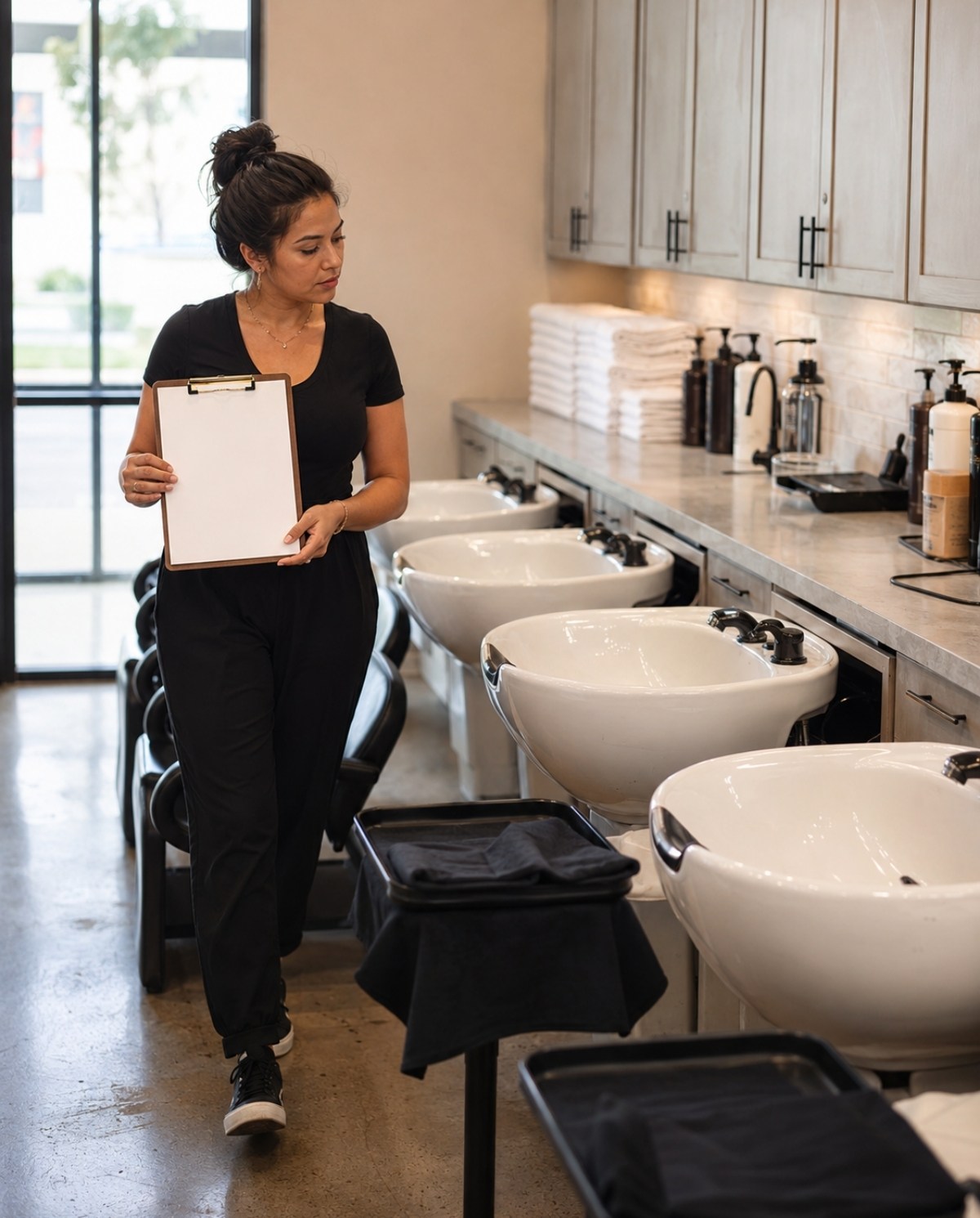 Salon owner walks past spotless shampoo bowls with a blank checklist, clean towels, closed cabinets, and covered tool trays nearby.