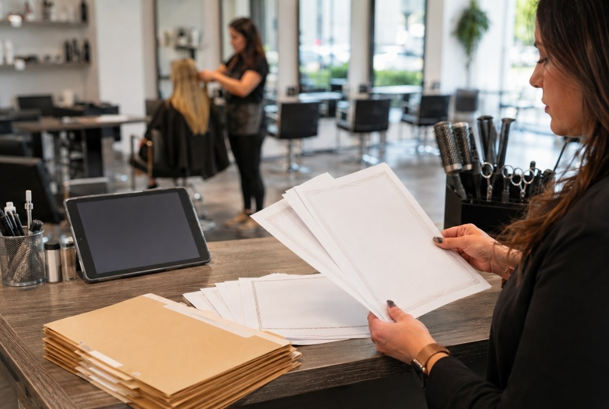 Salon owner reviews blank staff credential sheets and employee folders on a reception counter with a tablet and clean tools nearby.