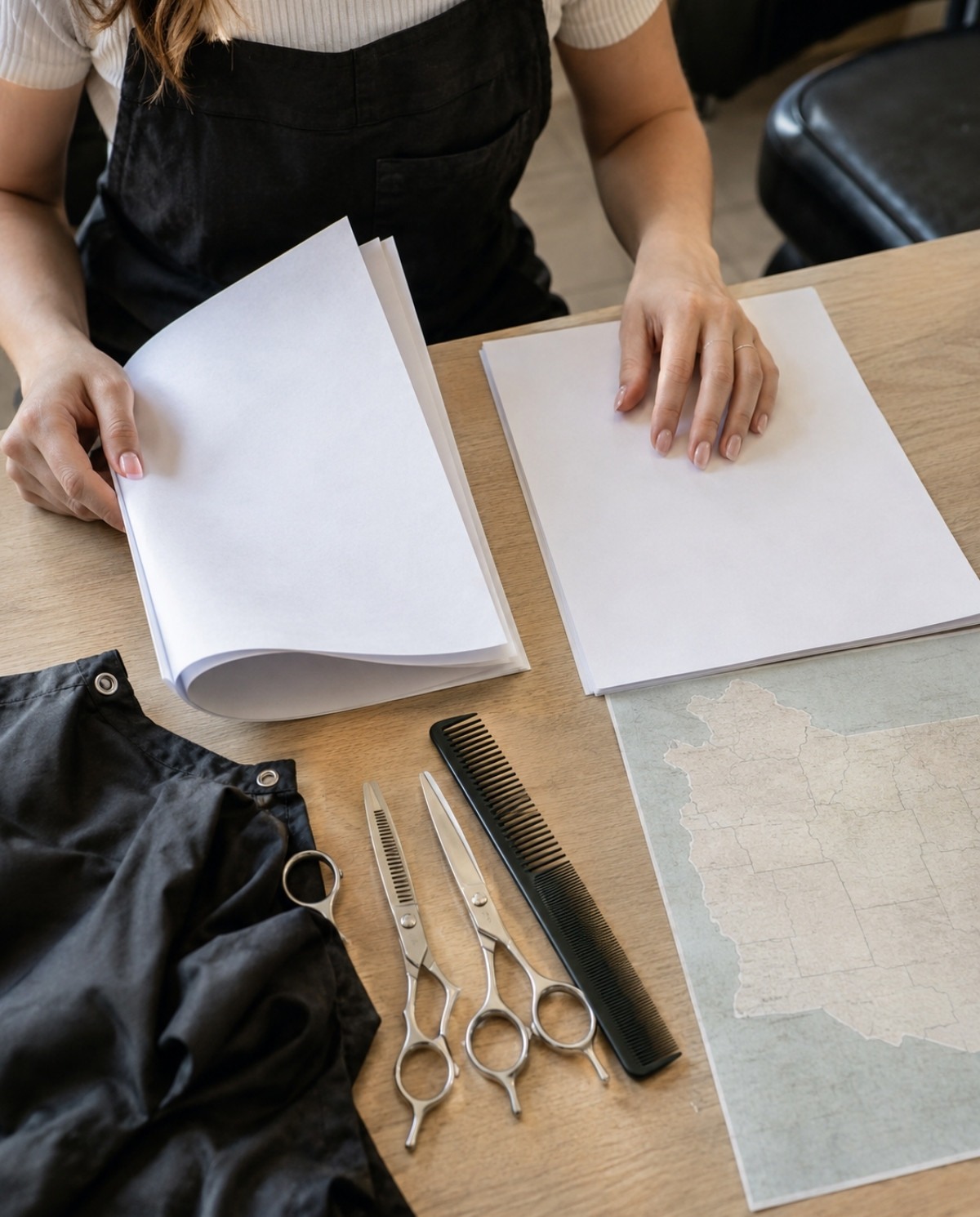 A cosmetology student reviews blank regulation pages beside shears, combs, a cape, and an unmarked map on a salon table.