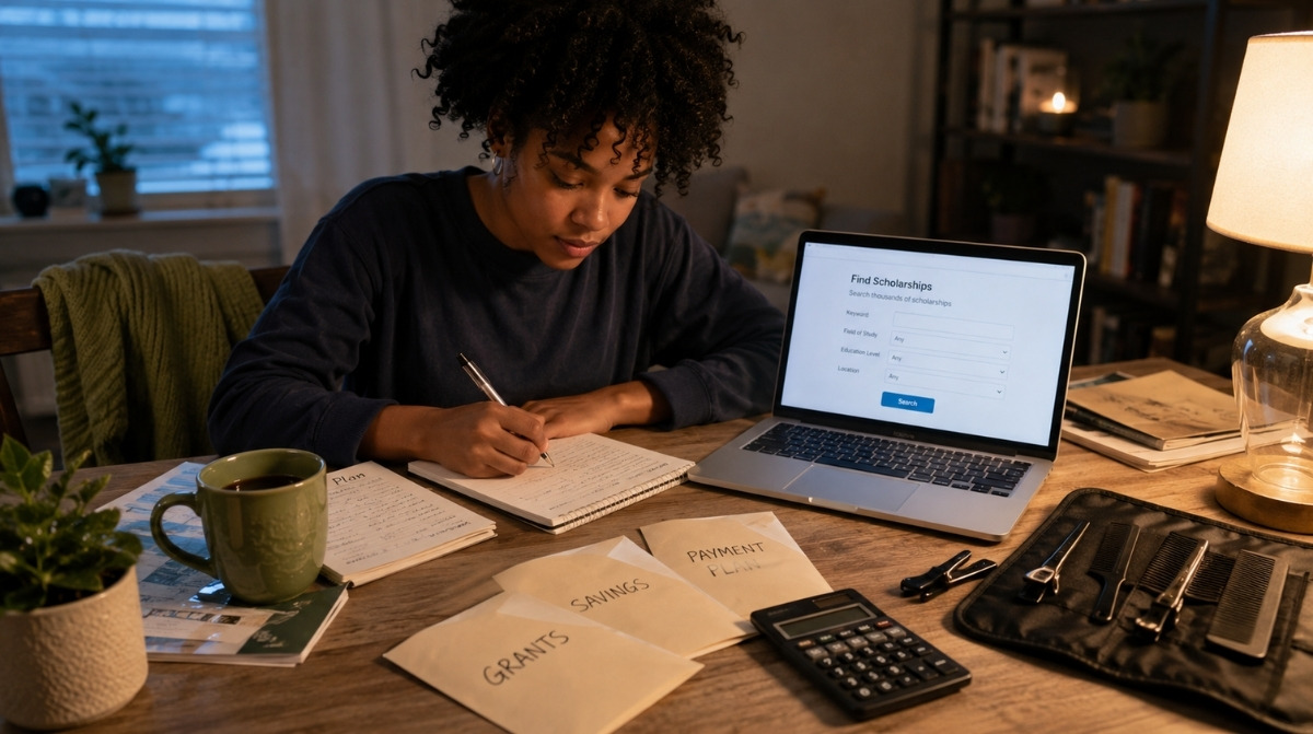 A student studies at a home table with a laptop, notebook, calculator, beauty tools, and envelopes labeled grants, savings, and payment plan while researching scholarships.