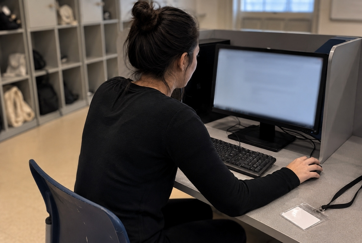 Student taking a computer based cosmetology theory exam at a quiet testing station with a blurred screen, blank ID card, and lockers in the background.