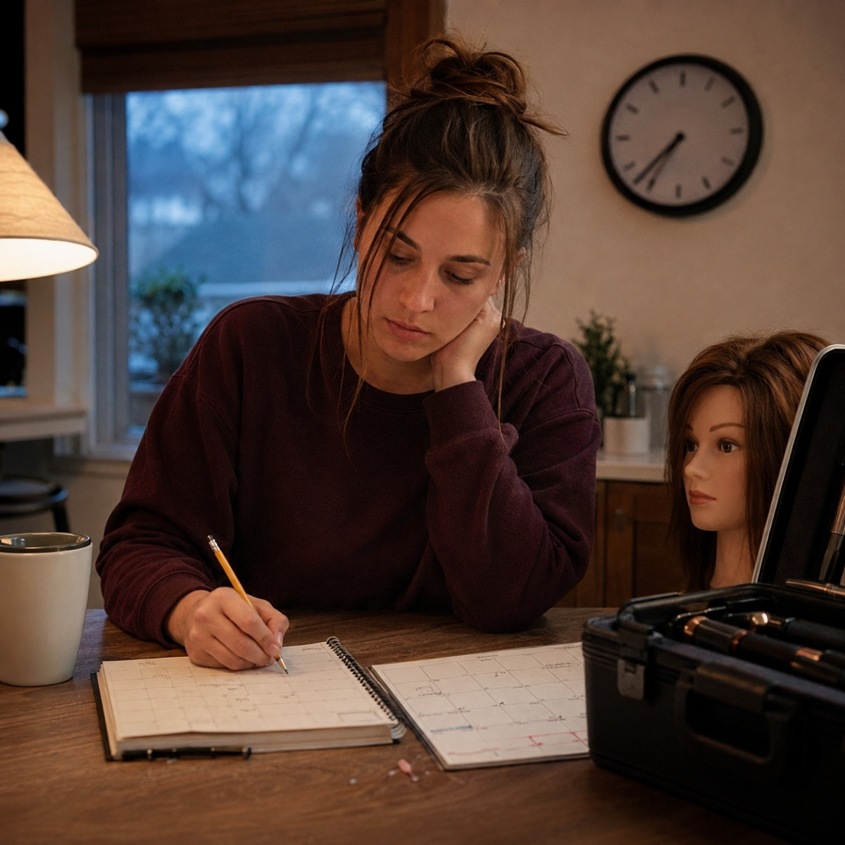 Cosmetology student compares a weekly school planner and work calendar at home with a mannequin head and professional tool case nearby.