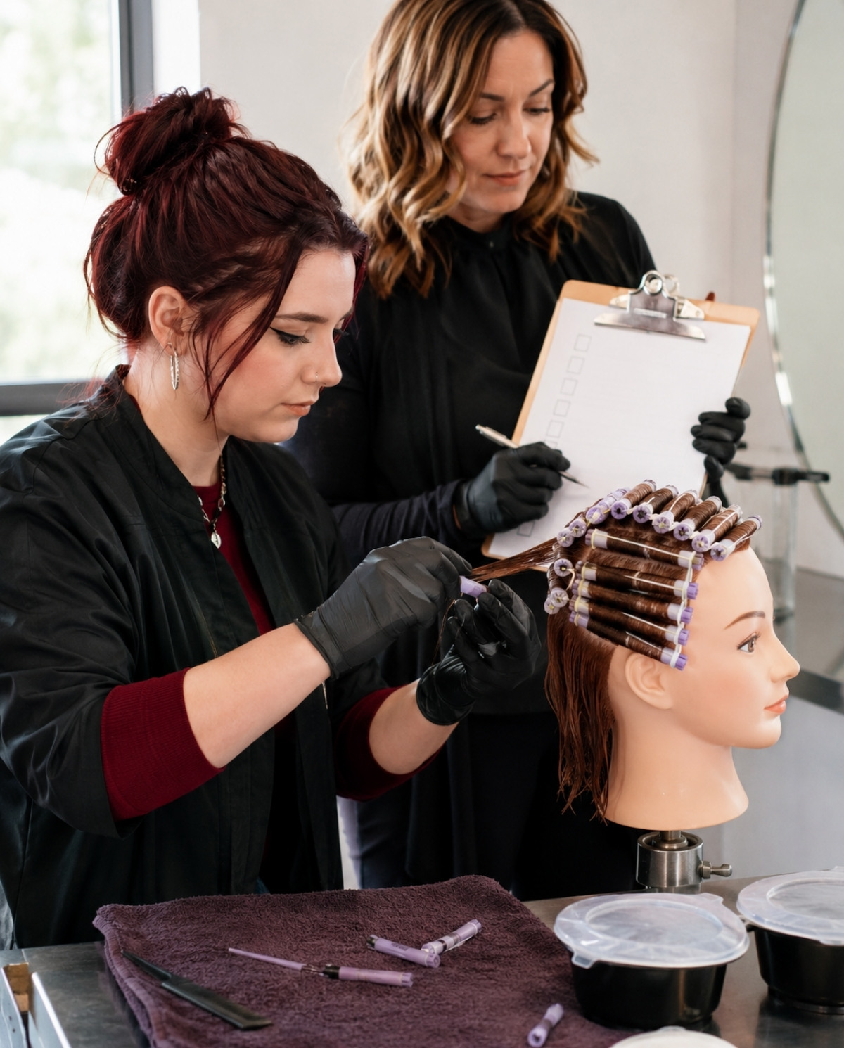 Cosmetology student practices chemical-texture rod placement on a mannequin while an instructor reviews blank competency boxes on a clipboard.