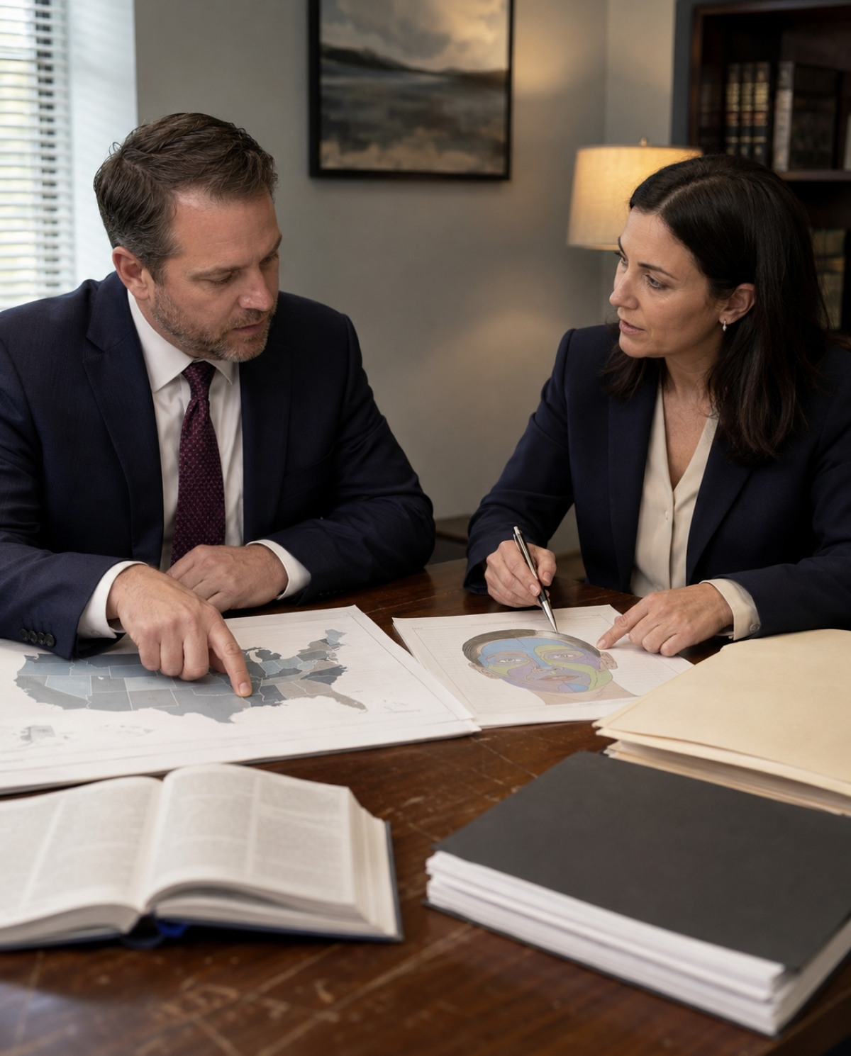 Dentist and healthcare attorney reviewing a state map, license folder, and facial treatment-zone diagram at an office table.