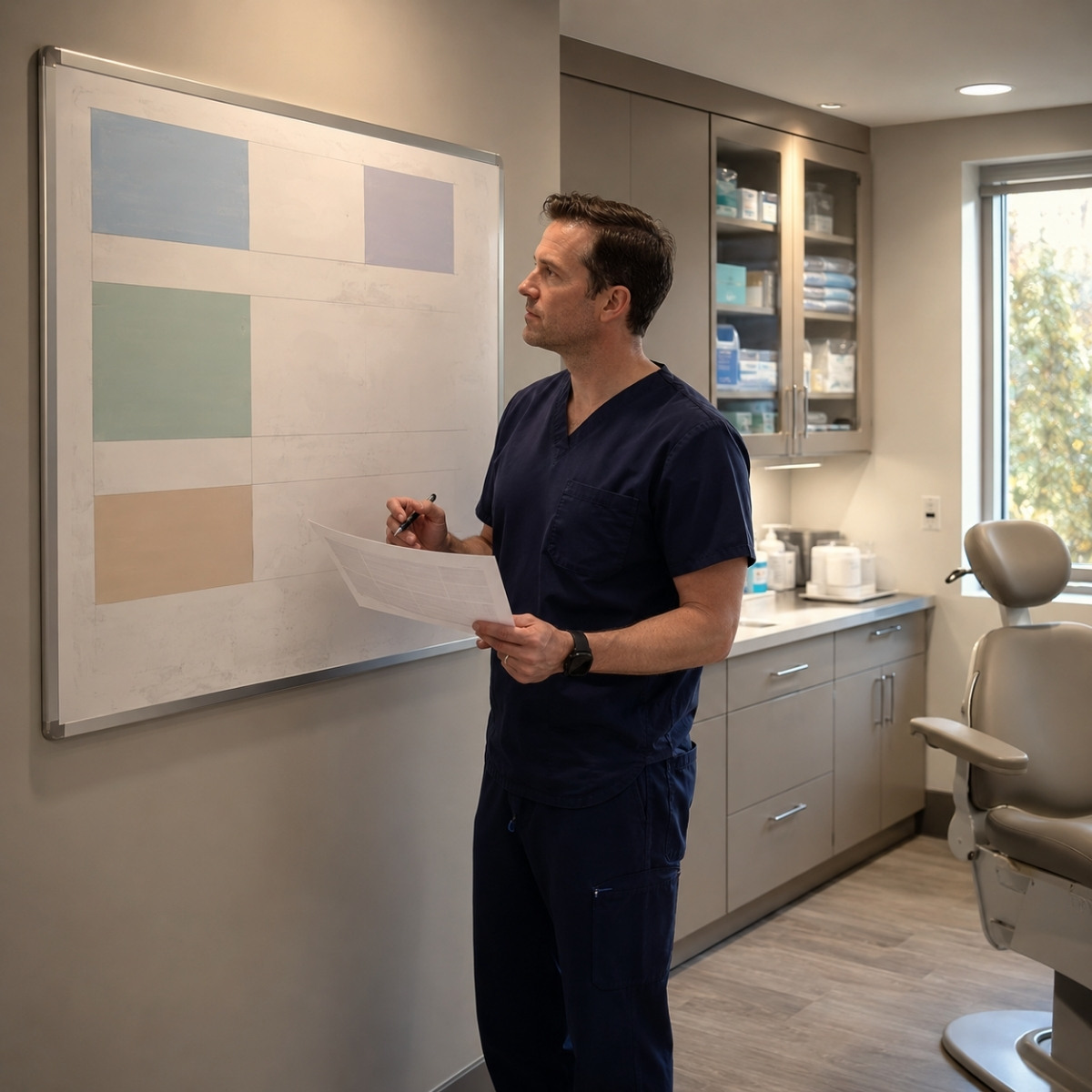 Dentist reviewing a planning board and budget sheet beside a treatment room, consultation chair, and organized clinical supplies.
