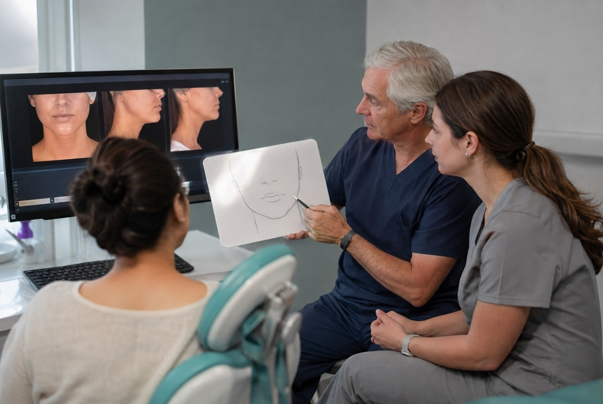 Senior clinician, dentist learner, and adult patient reviewing lower-face assessment photographs during a supervised feedback session.