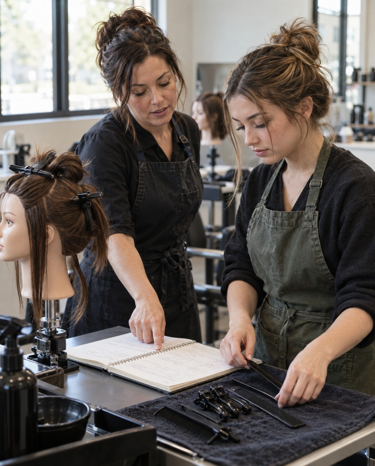 Mentor points to an open lesson notebook while an instructor trainee prepares a comb and sectioning clips beside a mounted mannequin.