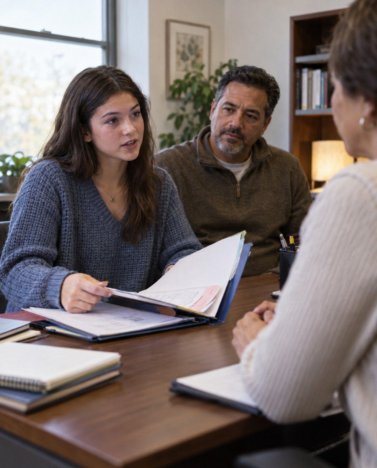 Teen cosmetology applicant opens her school records and speaks with an adviser while her father supports her during the meeting.