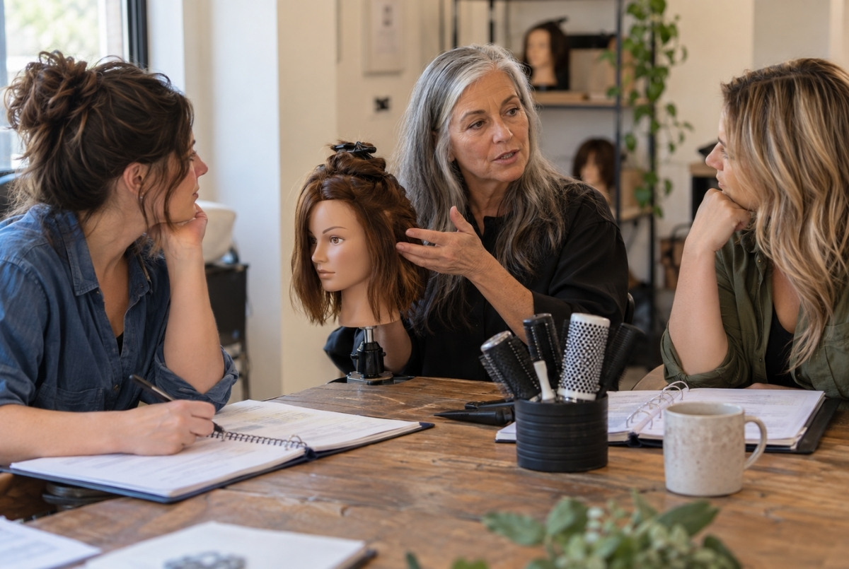 Senior beauty educator explains a mannequin-based demonstration to two newer instructors seated around a table with lesson materials.