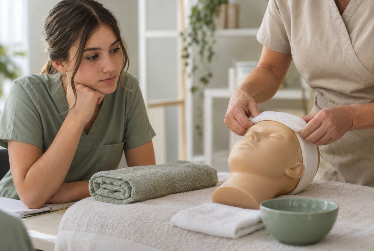 Teen cosmetology student watches an instructor place a clean headband on a facial mannequin at a basic skin care training station.