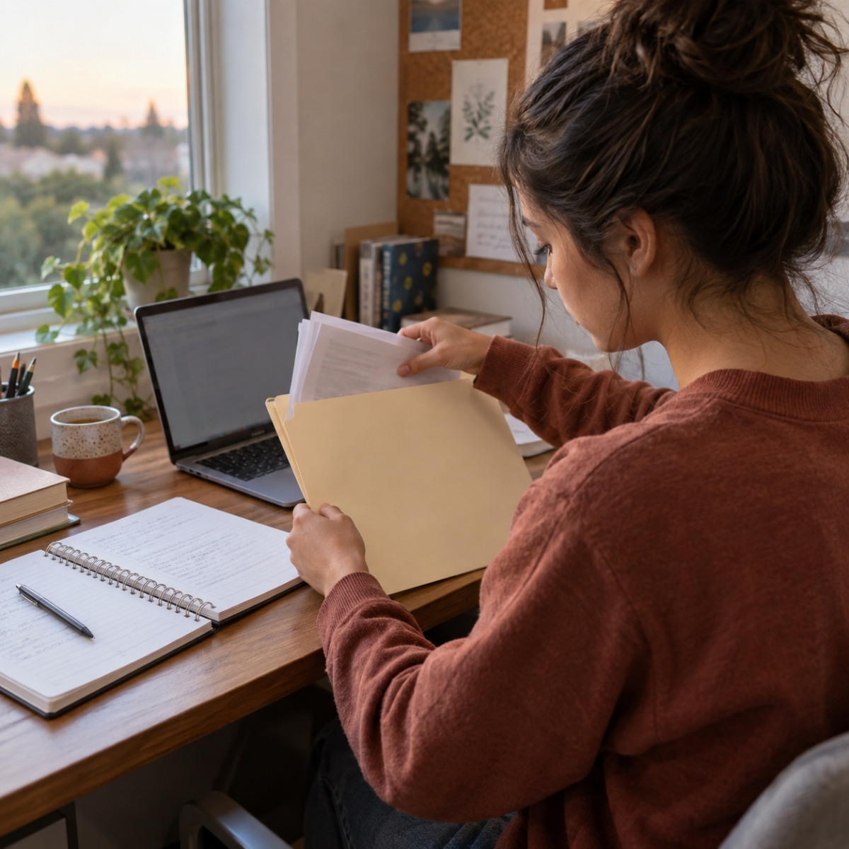 High school student organizes school records and cosmetology application materials beside a notebook and laptop at her home desk.