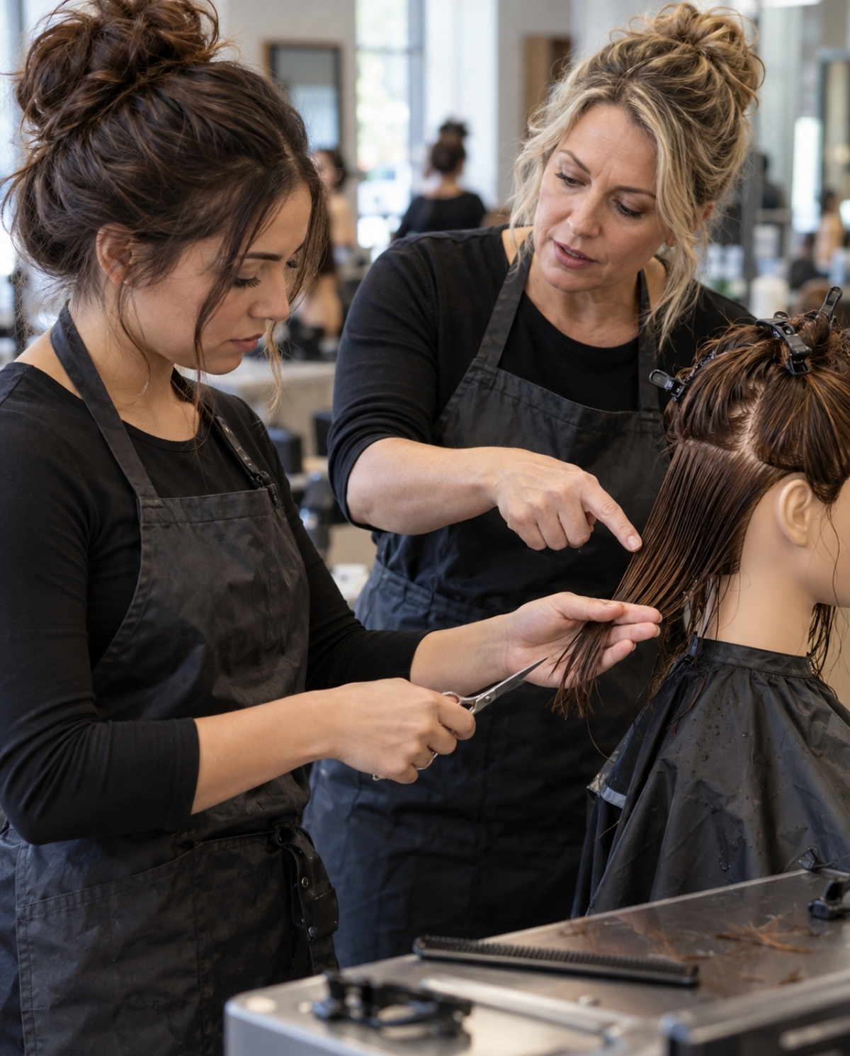 Instructor points to a section of damp mannequin hair while a cosmetology student holds the hair between her fingers and positions haircutting shears.