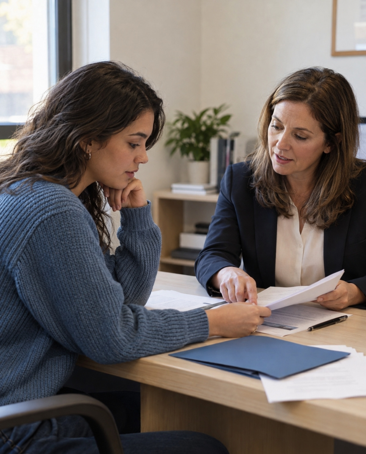 An admissions adviser points to a document while a prospective beauty student reviews paperwork across a light wood desk.