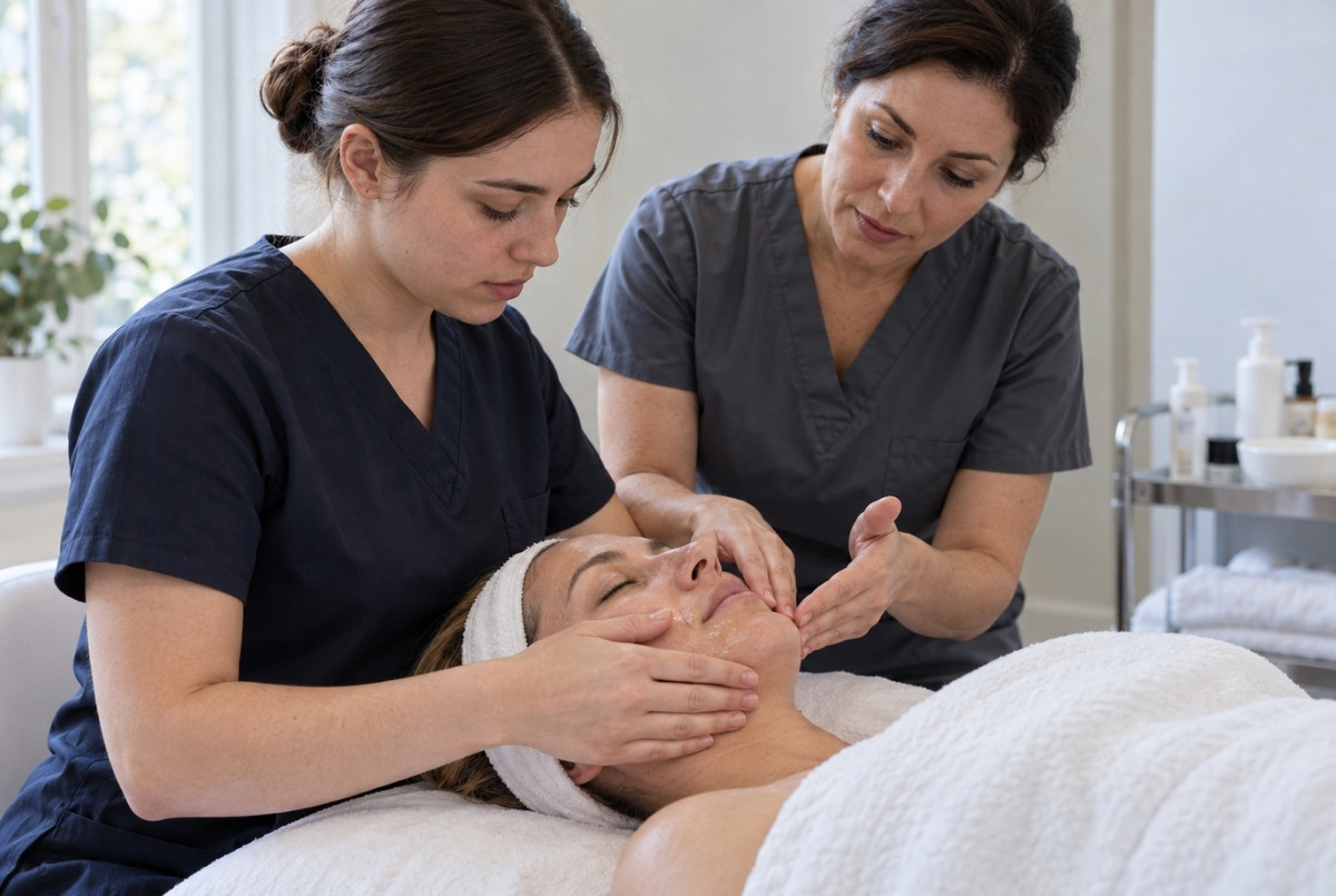 Esthetics student massages a reclining client’s cheeks while an instructor closely observes and demonstrates hand positioning beside the client’s face.