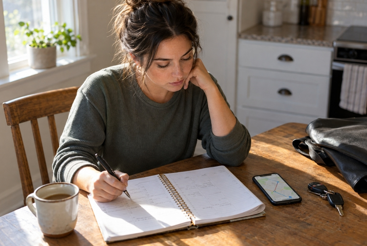 Woman writes in a weekly planner at a kitchen table beside a smartphone displaying a route map, car keys, and a work bag.