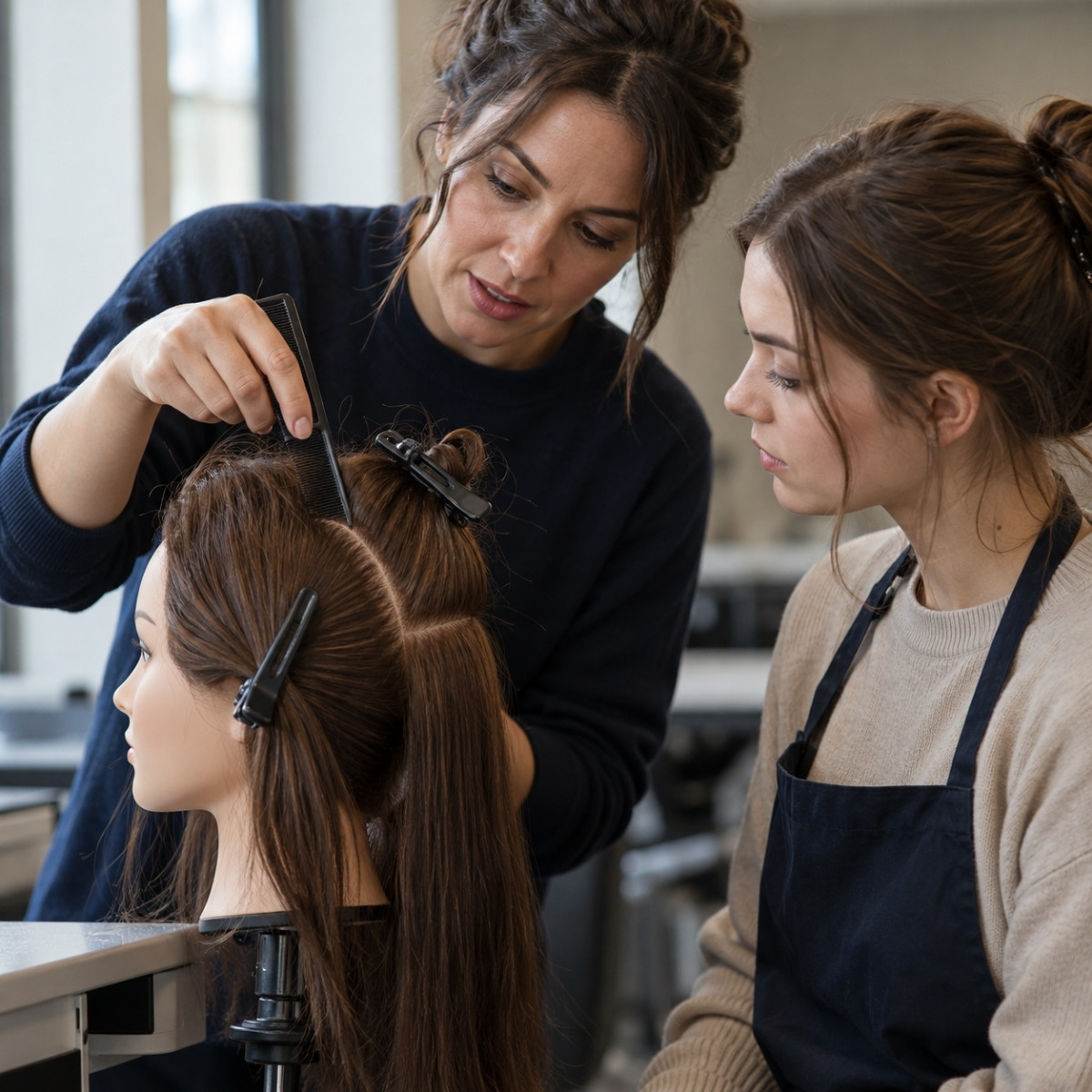 A beauty instructor uses a comb to explain a mannequin’s hair parting while a student watches closely at a practice workstation.