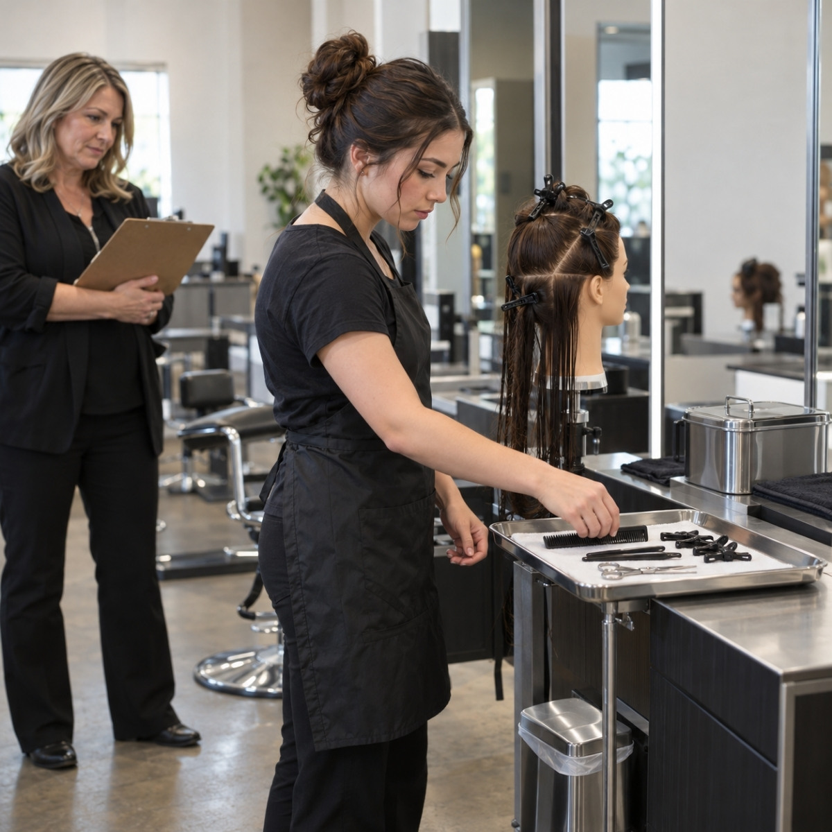 Cosmetology student arranges a comb, clips, and shears on a tray beside a sectioned mannequin while an instructor observes with a clipboard.