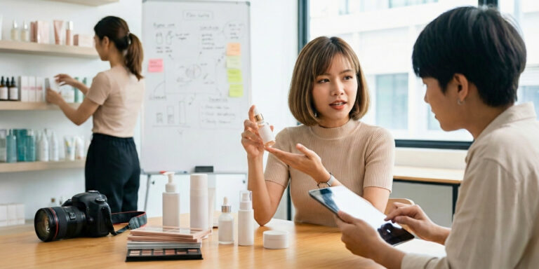 Two women discussing skincare products and content creation strategy at a desk with a professional camera, illustrating non-service beauty business roles.